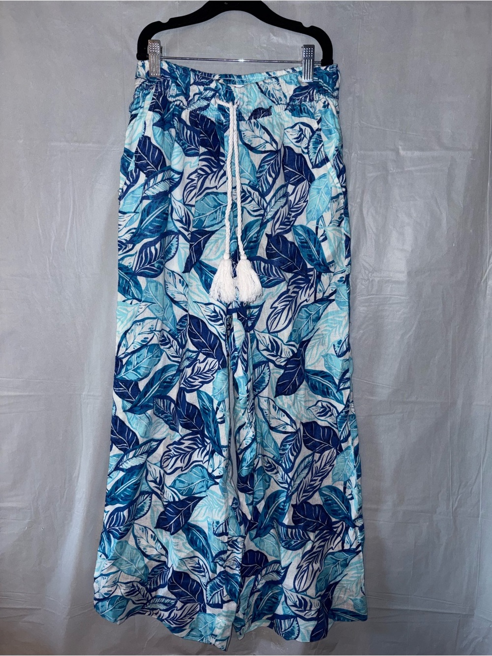 Sigrid Olsen Linen Cropped Pant Womens Sm Blue Tropical Print Coastal Resortwear